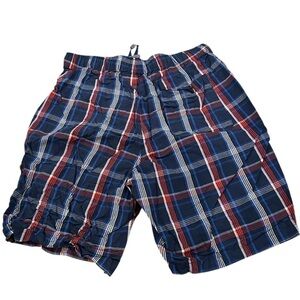 Hollister Plaid Men's Brief Shorts - Blue and Red Size Large